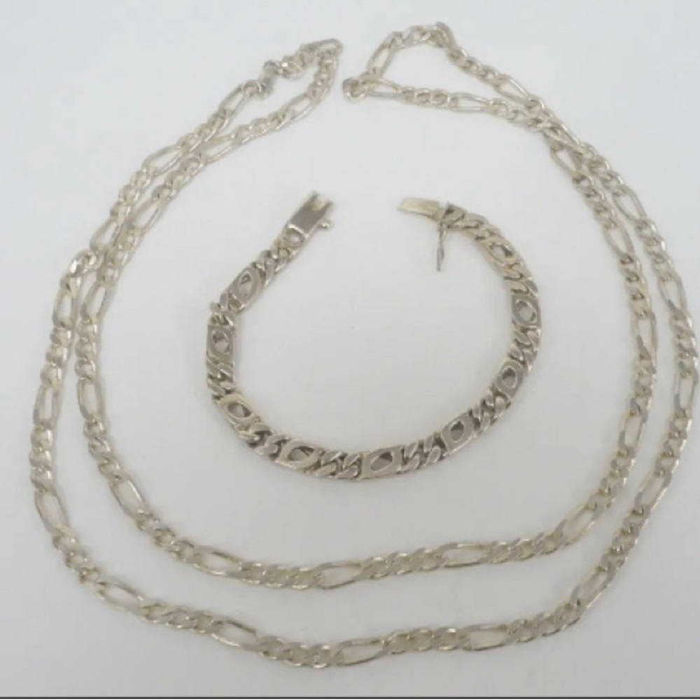 Heavy Sterling Figaro Italy 32” Chain, Bracelet, 7” Bracelet 44.5 grams.